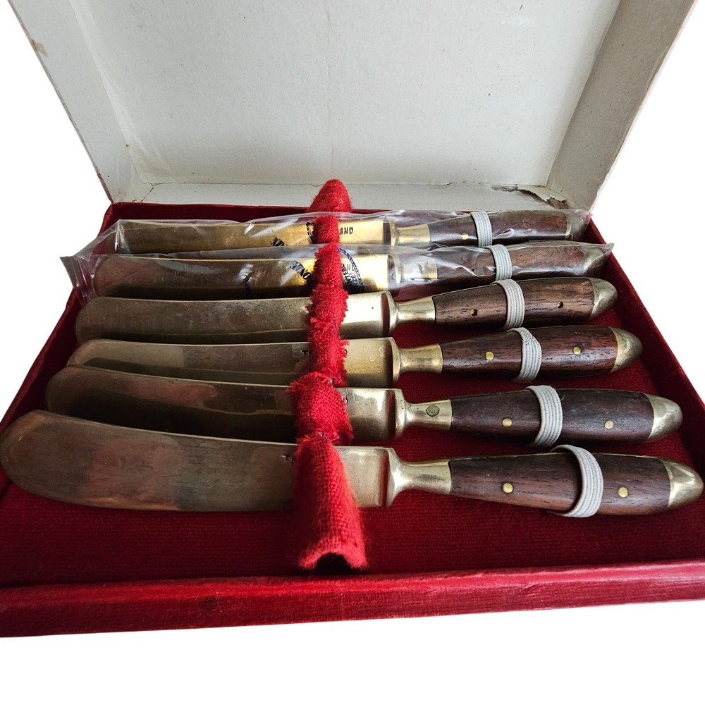 Vintage Thailand Brass Wood Butter Spreader Appetizer Knife Set of 6 with Box